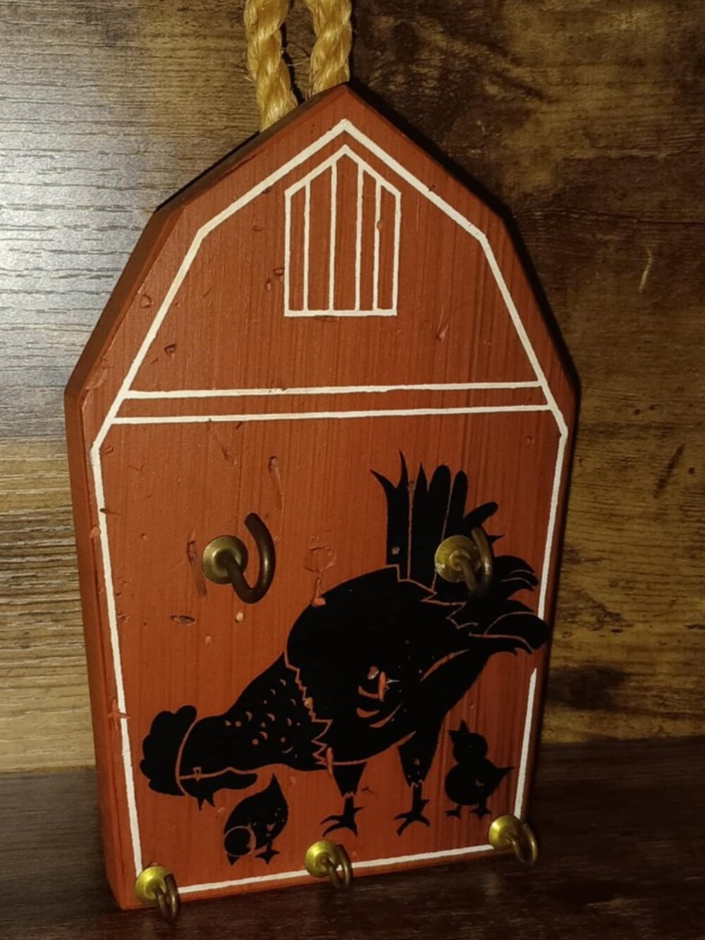 Handcrafted Red Rustic Barn Keys Holder Made of Wood Featuring A Hen and Chicks